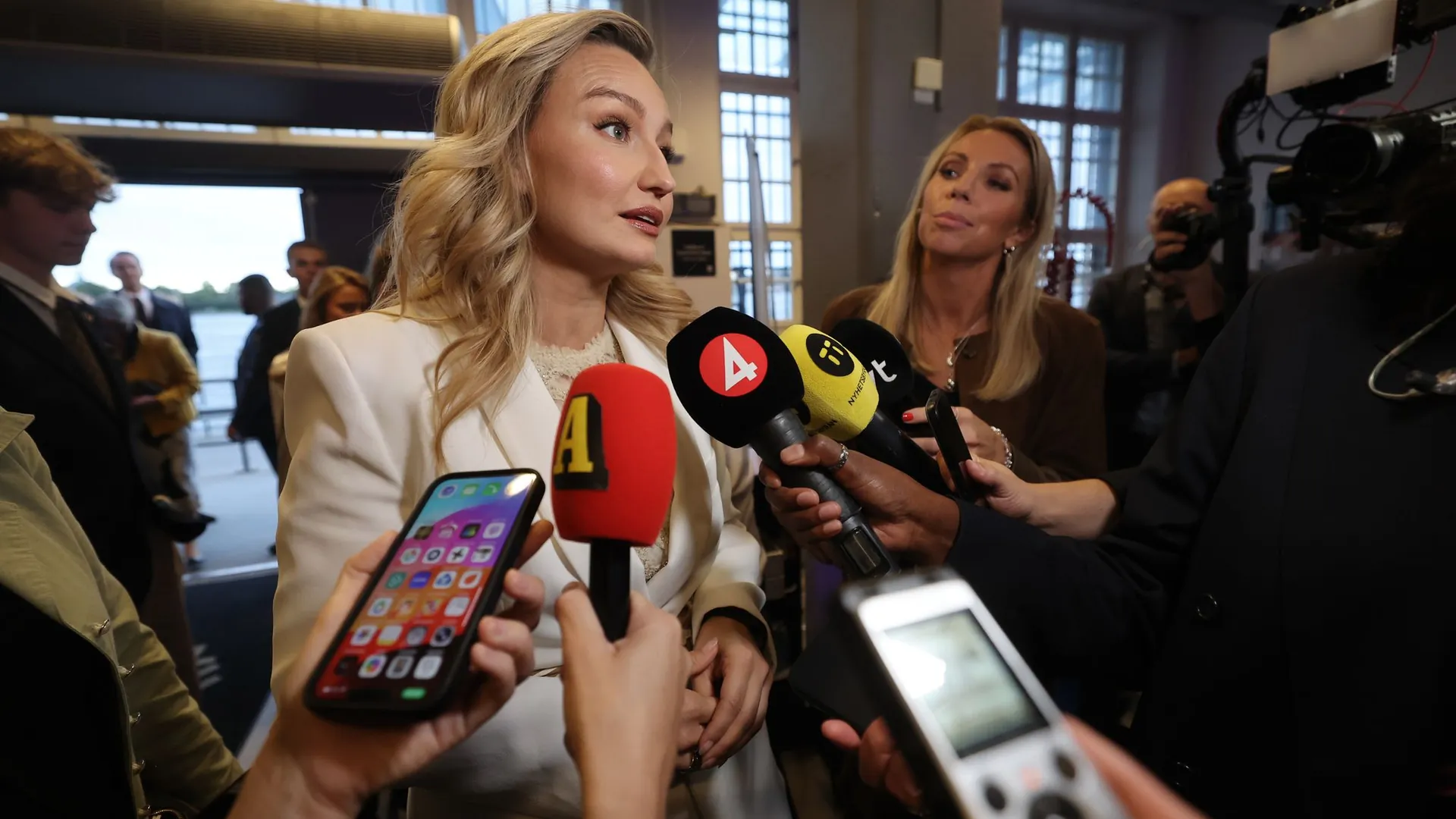 The leader of the Christian Democrats, Ebba Busch, arrives at the election night party.