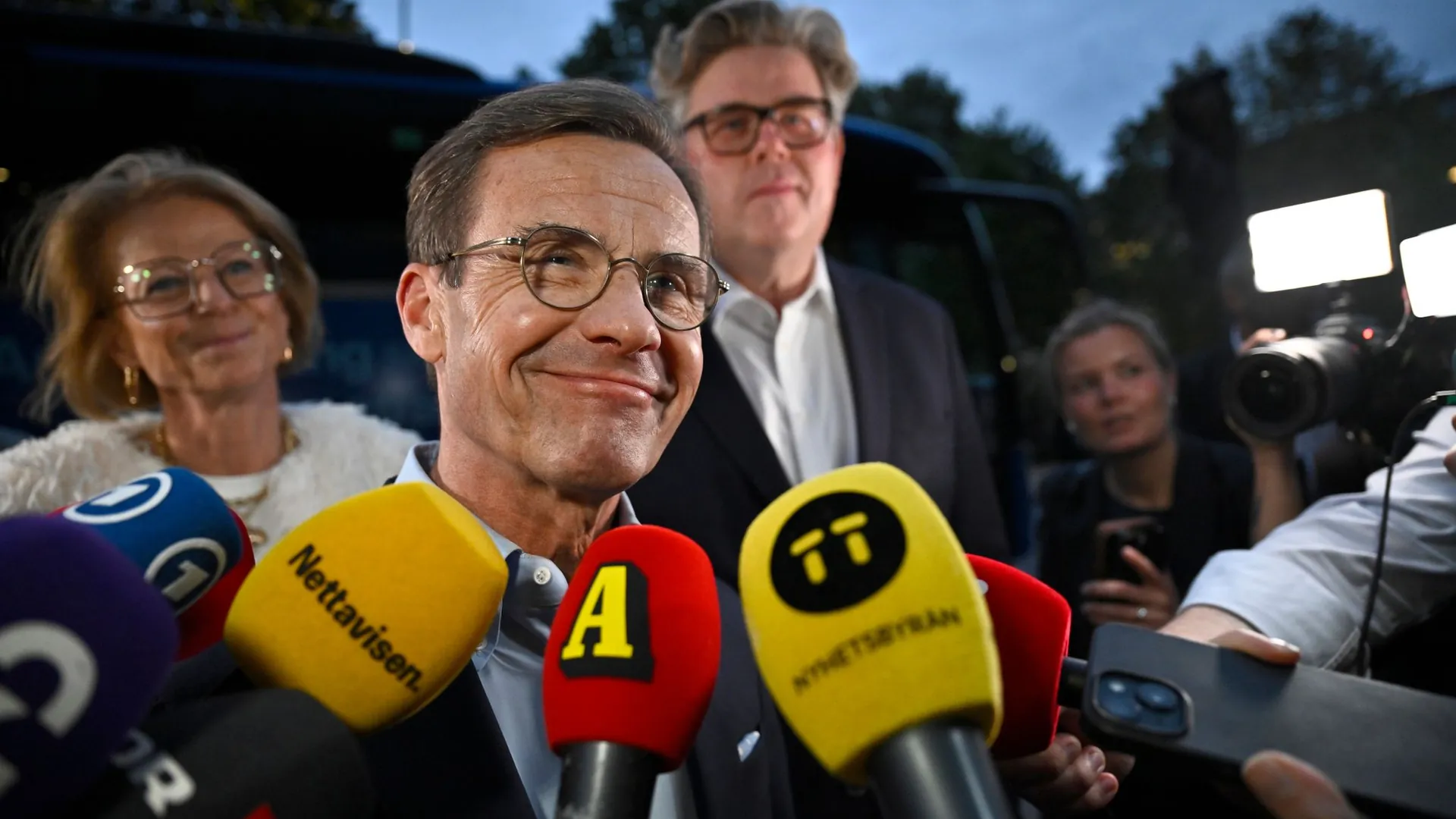 Swedish Prime Minister Ulf Kristersson arrives for the Moderate Party's election night.
